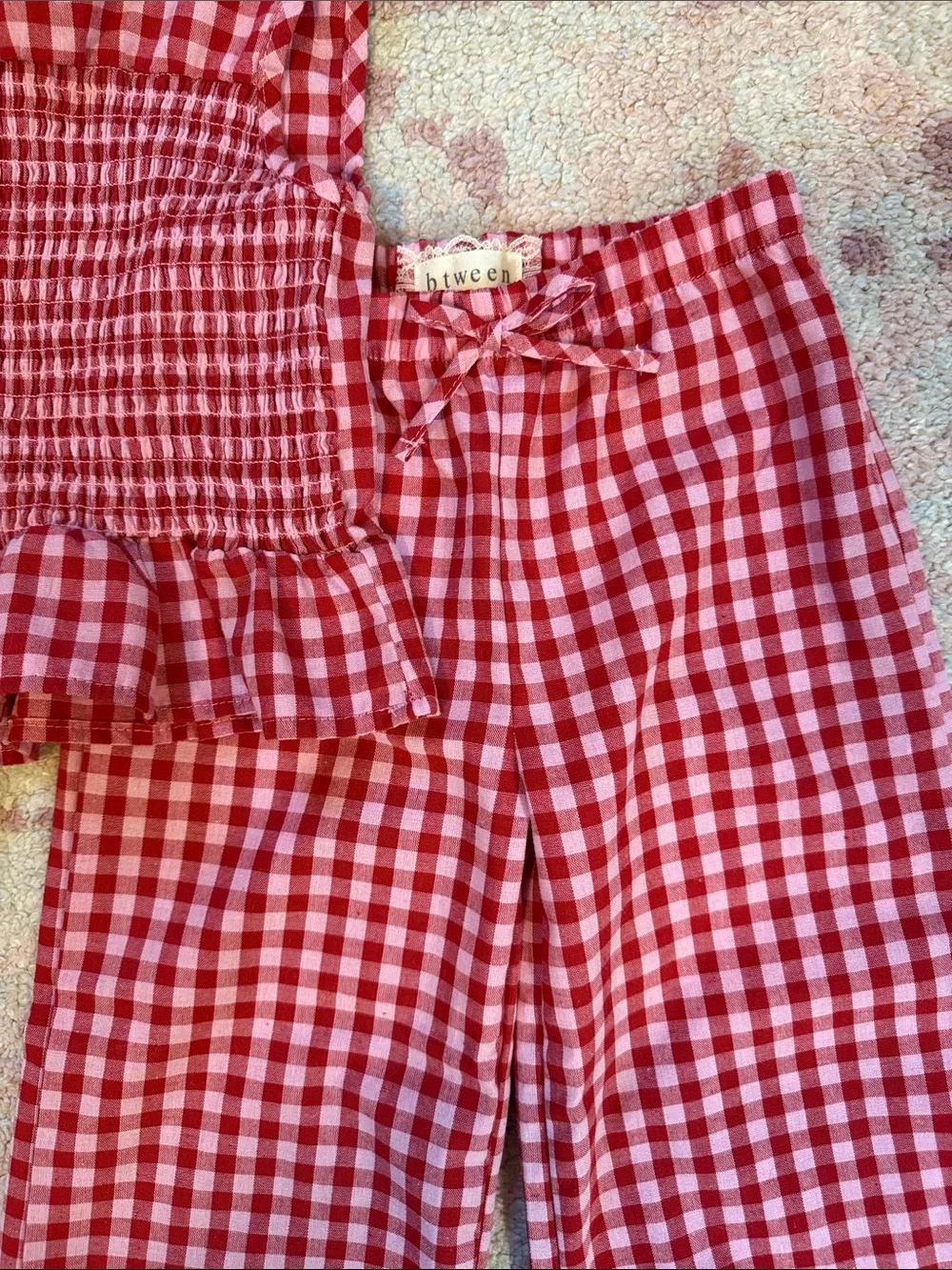 Gingham Smocked Peplum Top & Wide Leg Pants Set - Pink & White - Size 4T